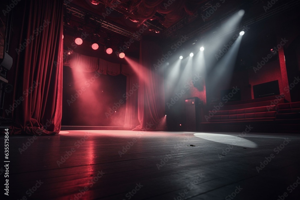 Modern theater stage with red curtains and colorful spotlights. Suitable for your design. Generative AI