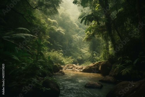 A view of lush rainforest and river, portraying the scenic beauty of tropical climate and nature. Generative AI