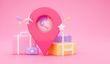 Location pin, suitcases on pink background, colorful 3D illustration