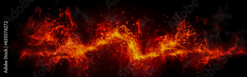 Red fire spark overlay effect with burning campfire flame Smoldering particles flying in the ocean at night Abstract magical glow and energy flames on black background