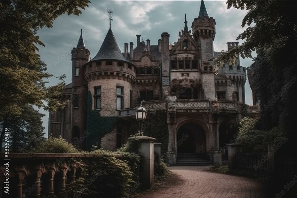 Enchanting castle with majestic entrance. Generative AI