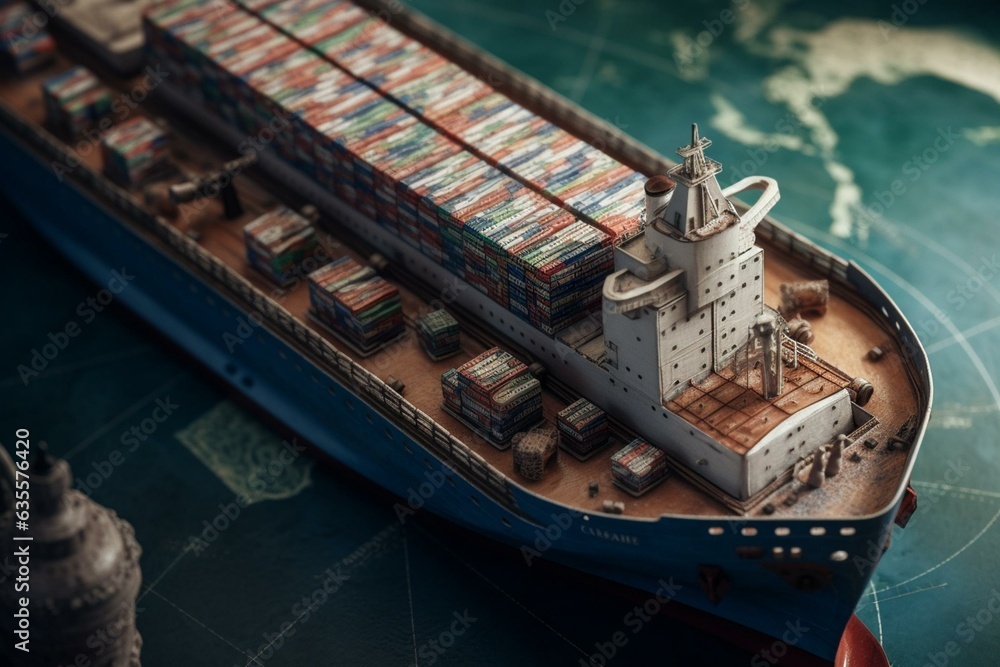 An aerial view of a cargo ship transporting containers on a map, commemorating world mariners day. Generative AI