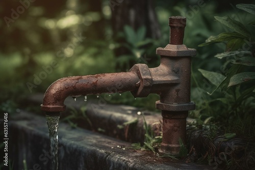 Water leaking from outdoor tap in garden. Generative AI