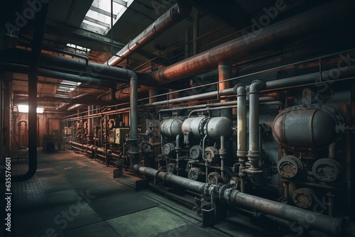 Underground facility with pipes, gauges, valves, and exchangers. Generative AI