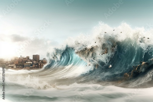 Elaborate illustration showcasing a massive oceanic tidal surge over a white background. Generative AI