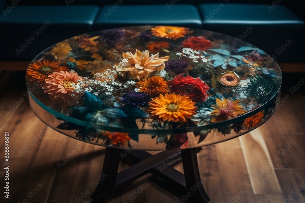 Table made of epoxy resin adorned with beautiful flowers. Generative AI - obrazy, fototapety, plakaty 