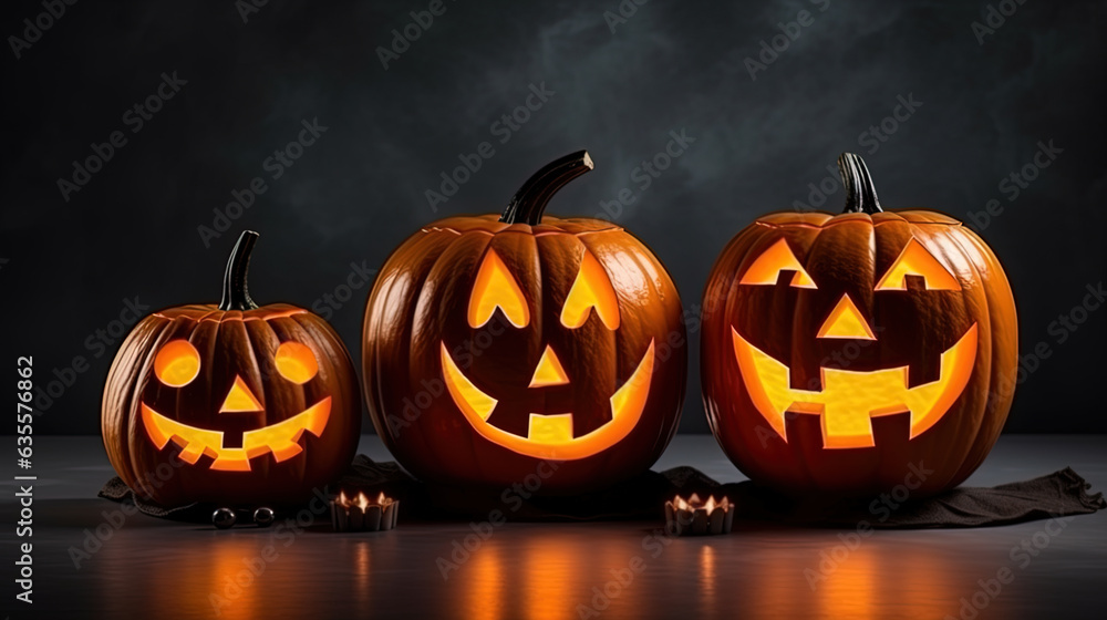 Obraz premium Candle lit Halloween Pumpkins. Generative AI.