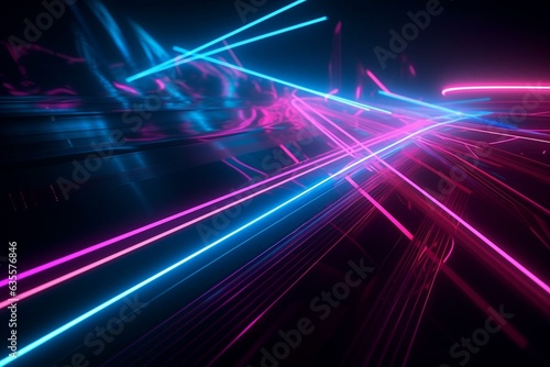 An abstract composition of neon pink and blue tones showcasing luminous lasers and dynamic lines. Generative AI