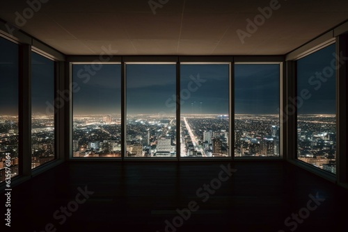 City view from high-rise window in an empty room at night. Real estate with beautiful Philadelphia skyline. Generative AI