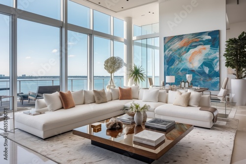 In April 2020, South Florida featured a bright and spacious living area, offering wide views of the bay and city through floor to ceiling glass windows. The interior was minimalist and predominantly photo