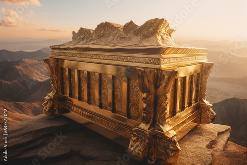 Rendered image featuring the ark of the covenant placed atop a mountain. Generative AI