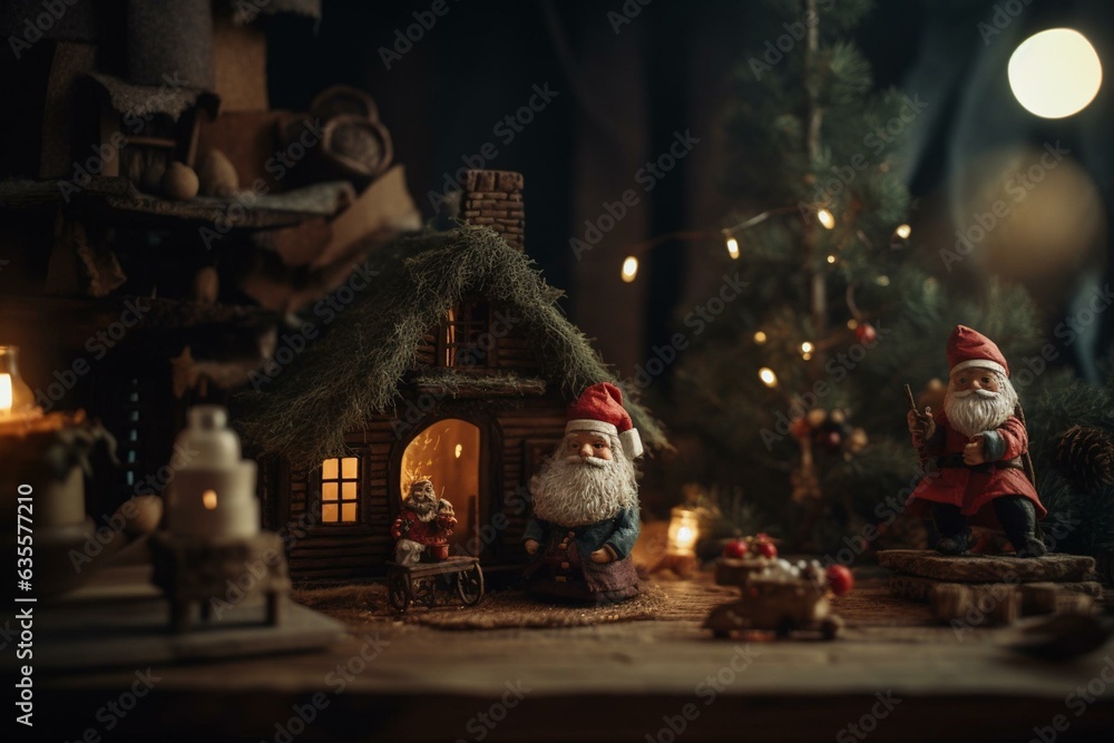 Festive vibes with a small tree, gifts, Santa Claus, and a cozy woodland house. Generative AI