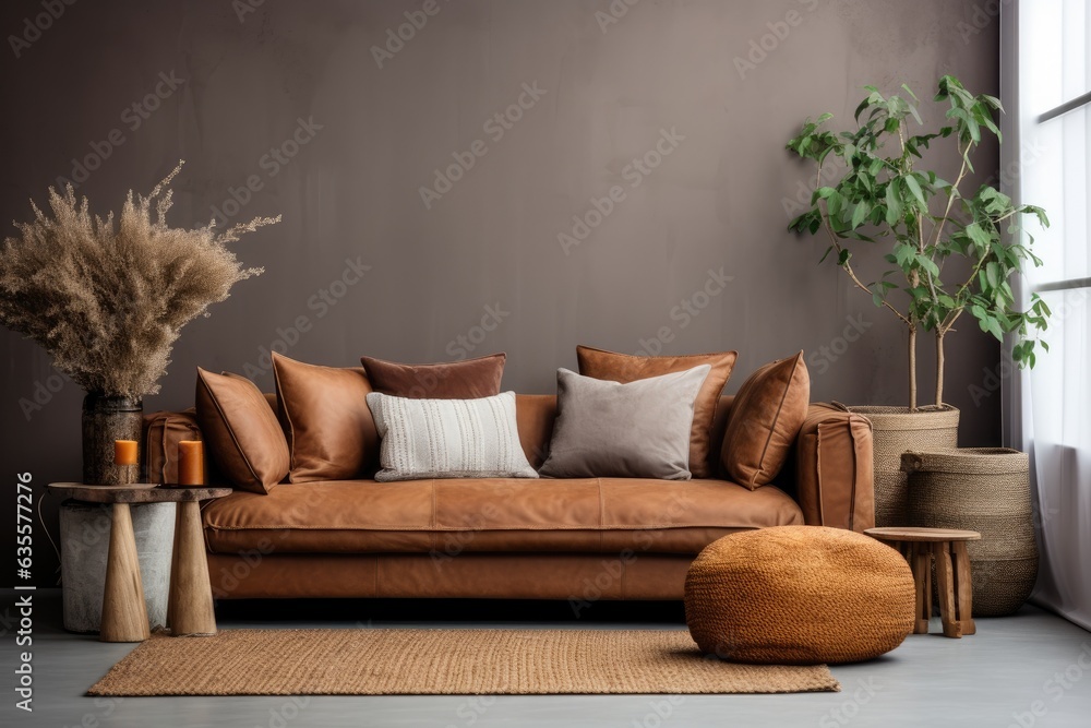 Fototapeta premium Living room interior with leather couch, blanket, cushions, flowers in vase, and floor basket in loft design.