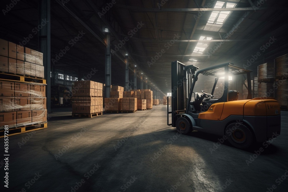 Forklift moving cargo onto truck in advanced warehouse. 3D rendering. Generative AI