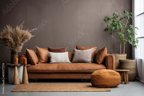 Living room interior with leather couch, blanket, cushions, flowers in vase, and floor basket in loft design.
