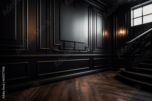 Black lacquered wall with ebony wood wainscoting. Generative AI photo