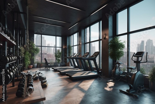 3D rendering of fitness center in luxurious penthouse. Generative AI © Yseult