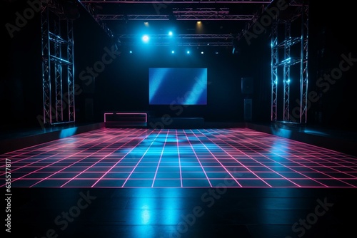 A dance floor stage lit up in blue and pink colors. Generative AI