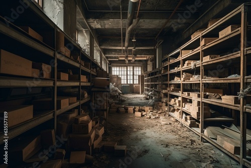 Deserted factory inside, holding shelves packed with common goods. Generative AI