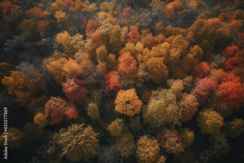 Bird's-eye view of vibrant autumn woods. Generative AI