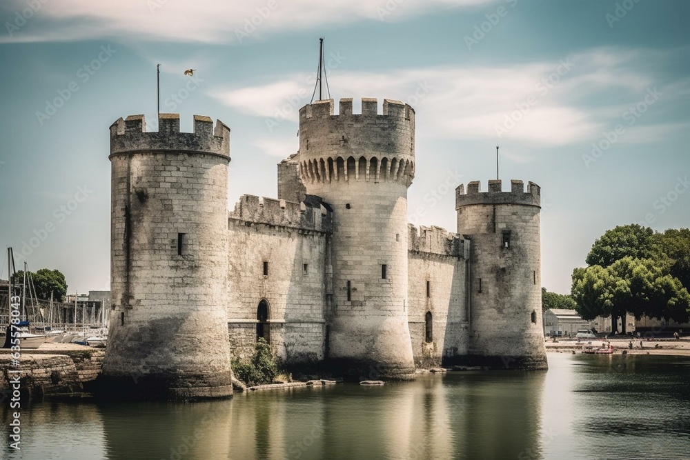 Medieval towers in the harbor of La Rochelle, France, on the Atlantic coast during summer. Generative AI