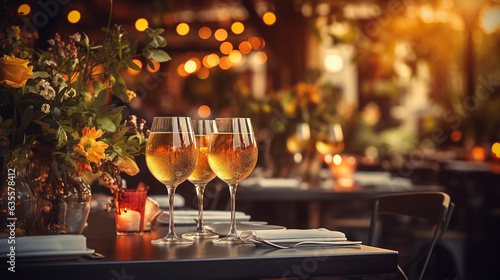 Elegant and select restaurant table Wine Glass and appetizers, on the bar table Soft light and romantic atmosphere dinner wedding service menue	