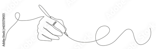 Hand holding pen in continuous style, writing or drawing. Pen line art illustration.