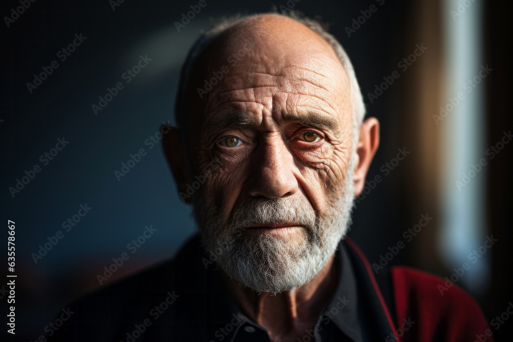 Portrait of old tired adult man with sad eyes on dark background. Diverse age concept Portrait of old tired adult man with sad eyes on dark background. Diverse age concept