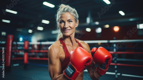 Senior woman training at gym with a punching bag.  © banthita166