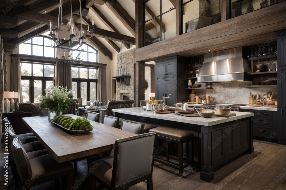 Incredible dining room adjacent to modern and rustic luxury kitchen with high ceiling and wooden beams, large island with white quarts countertop and dark wood cabinets. Incredible dining room adjacent to modern and rustic luxury kitchen with high ceiling and wooden beams, large island with white quarts countertop and dark wood cabinets.