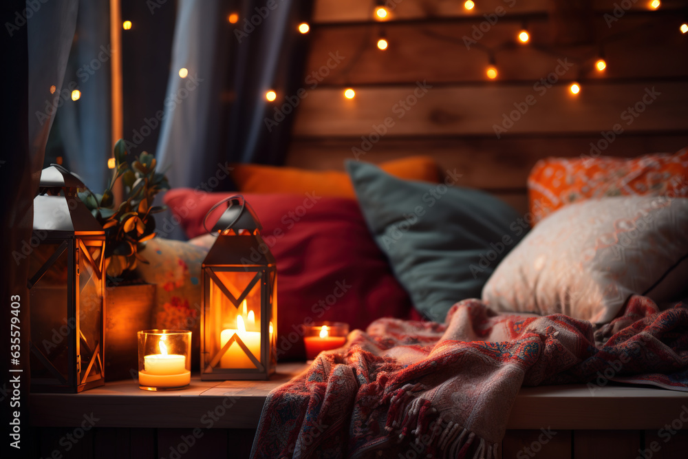 Cozy corner with candles and cushions