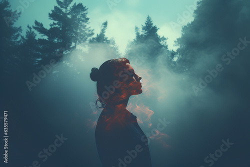 Individual outdoors taking a deep breath