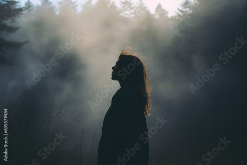 Individual outdoors taking a deep breath