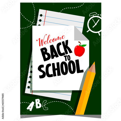 Back to school poster or banner design. Exercise book with Welcome back to school notice, pencil, alarm clock and letters written on the blackboard. Announcement for pupils of the new school year.