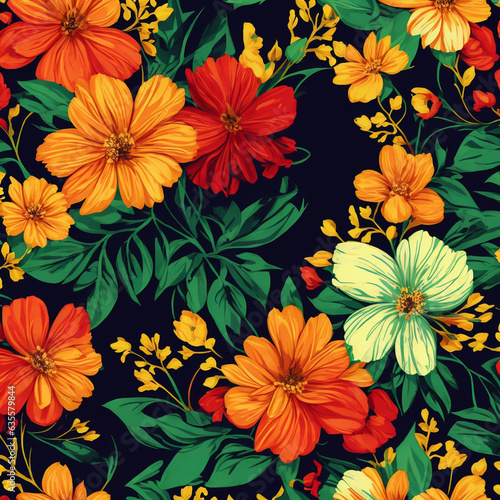 seamless tropical floral pattern of hibiscus on black background  generated with AI