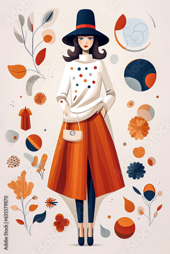 Generative AI illustration of woman model wearing trendy couture winter clothes in minimal vector illustration style.Fashion concept digital art