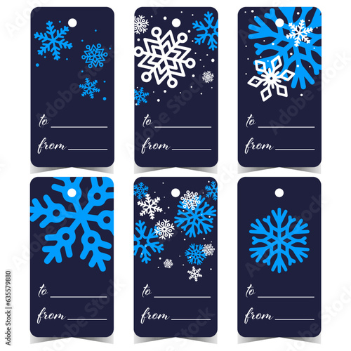 Christmas tags, labels or stickers with blue snowflakes and a hole to tie or hang it on a gift box or present during the New Year and Christmas holidays. Ready to print and sign Christmas marks.