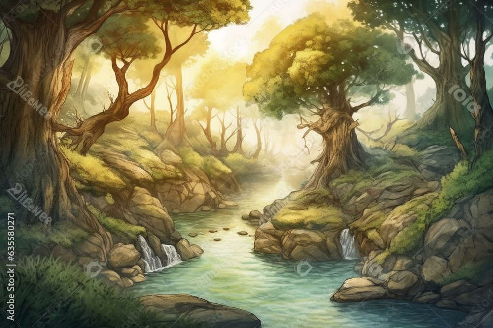 Watercolor painting of an enchanting forest alongside a flowing river. Features a whimsical cartoon character. Perfect for backgrounds, wallpapers, stories, and card designs. Generative AI