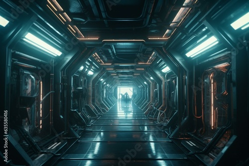 Sci-fi alien spaceship with neon corridors tunnels in cyberpunk style. 3D artwork. Generative AI