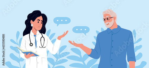 Smiling doctor supporting old senior male patient in hospital. The concept of healthcare for the elderly.