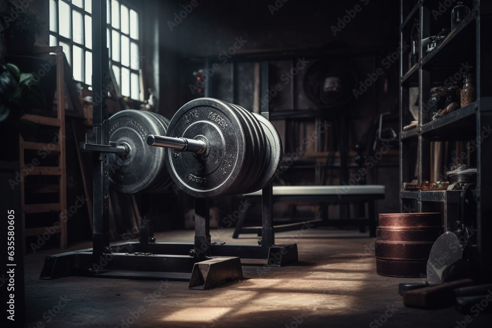 Weightlifting equipment with adjustable barbell rest and bench press setup. Generative AI