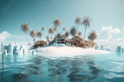 Frozen paradise with palm trees on a white iceberg island  symbolizing global warming s temperature contrast. Generative AI
