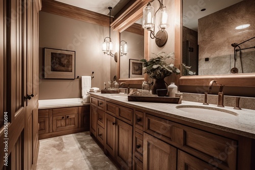 A comfortable bathroom with wooden cabinet  marble countertop  and sconces highlighting square mirrors. Generative AI