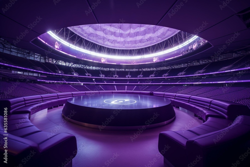 Circular Australian football stadium featuring purple seating and