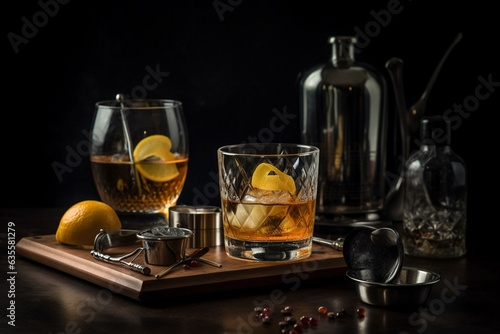 Scotch whisky cocktail with amaretto, ice, and bar tools on black counter. Copy space banner. Generative AI