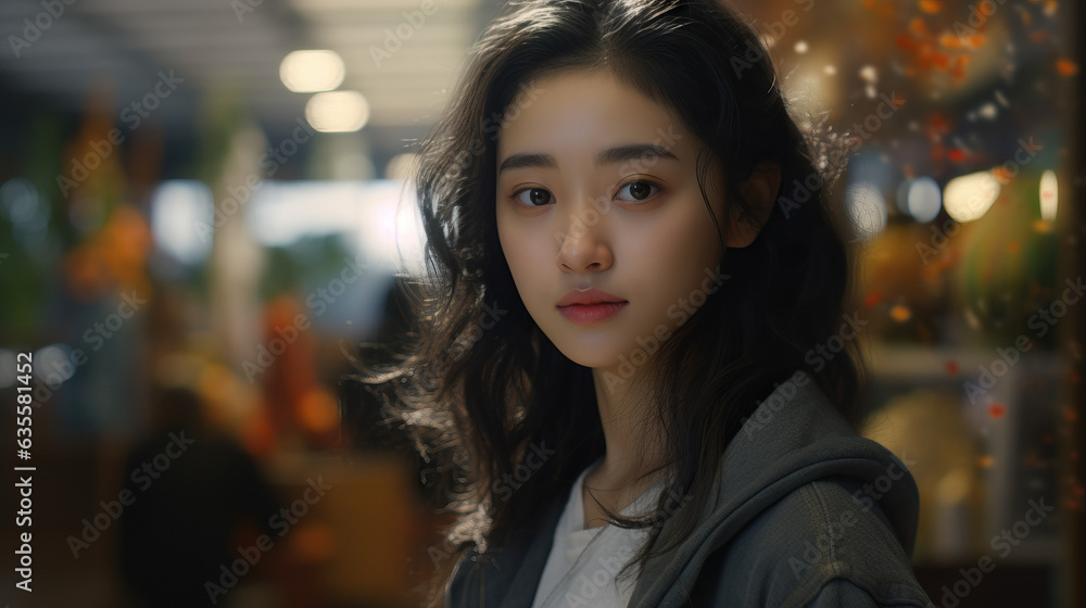 Obraz premium Young Asian Woman at Community Thrift Store. Concept of Sustainable Shopping, Thrift Store Experience, Community Engagement, Secondhand Treasures, Conscious Consumerism, Eclectic Finds.