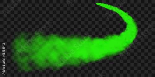 Traces of green smoke from an airplane, rocket or spacecraft launch. Realistic 3d vector illustration isolated on transparent background.