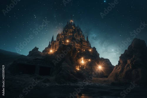 A futuristic castle in an alien world adorned with a shrine and celestial stars illuminating the surroundings. Generative AI