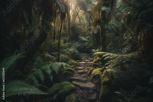 Path in lush New Zealand jungle. Generative AI