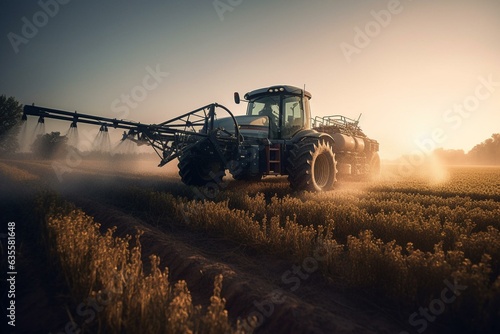 A sprayer with extended arms applies fertilizers to fields. Generative AI